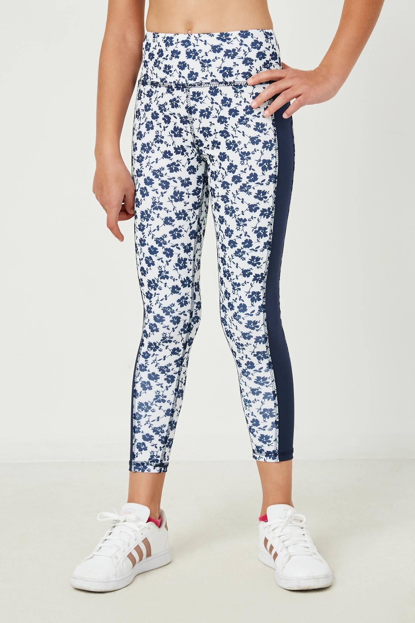 GY2658 Navy Girls Floral Print Active Leggings Front