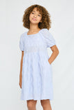 GY2684 BLUE Girls Textured Bow Back Squre Neck Dress Front