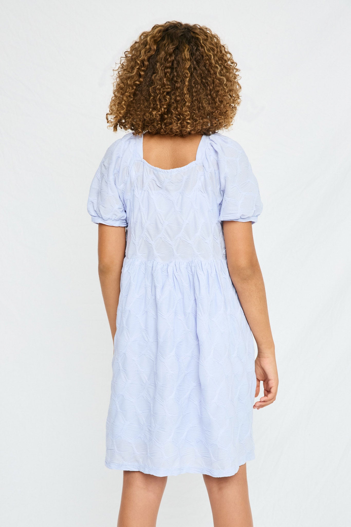 GY2684 BLUE Girls Textured Bow Back Squre Neck Dress Back