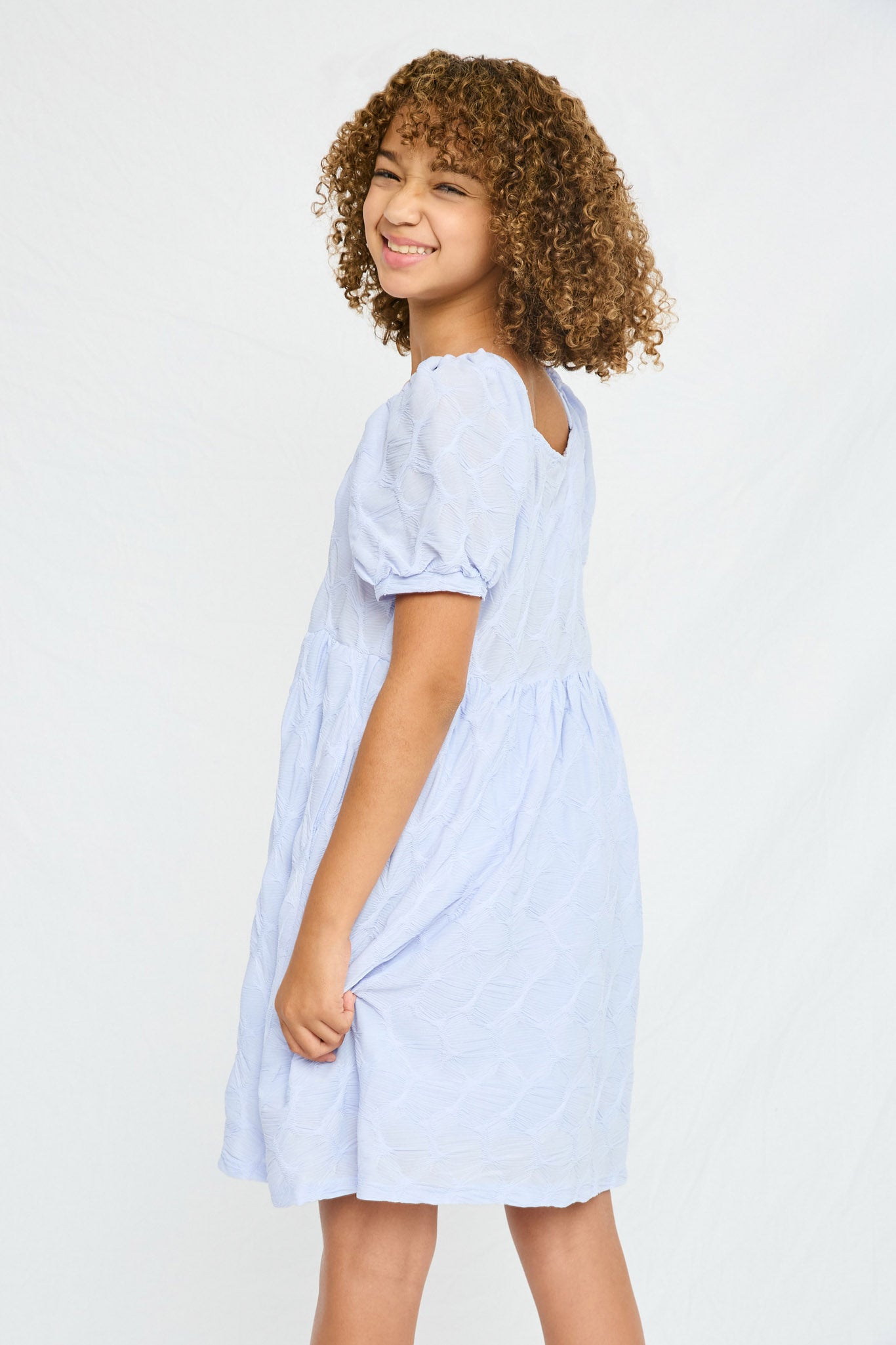 GY2684 BLUE Girls Textured Bow Back Squre Neck Dress Side 2