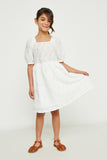 GY2684 OFF WHITE Girls Textured Bow Back Squre Neck Dress Pose