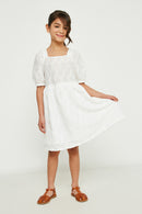 GY2684 OFF WHITE Girls Textured Bow Back Squre Neck Dress Pose