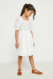 GY2684 OFF WHITE Girls Textured Bow Back Squre Neck Dress Side