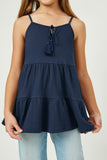 GY2685 Navy Girls Tiered Texture Knit Sleeveless Tassel Top Close Up