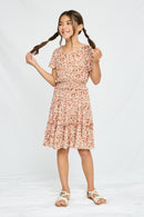 GY2705 CORAL Girls Smocked Waist Floral Flutter Sleeve Dress Full Body