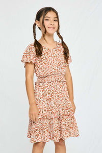 GY2705 CORAL Girls Smocked Waist Floral Flutter Sleeve Dress Front