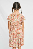 GY2705 CORAL Girls Smocked Waist Floral Flutter Sleeve Dress Back