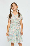 GY2705 MINT Girls Smocked Waist Floral Flutter Sleeve Dress Front