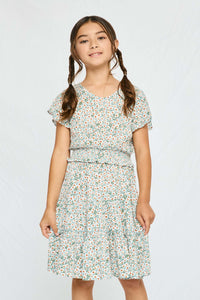GY2705 MINT Girls Smocked Waist Floral Flutter Sleeve Dress Front