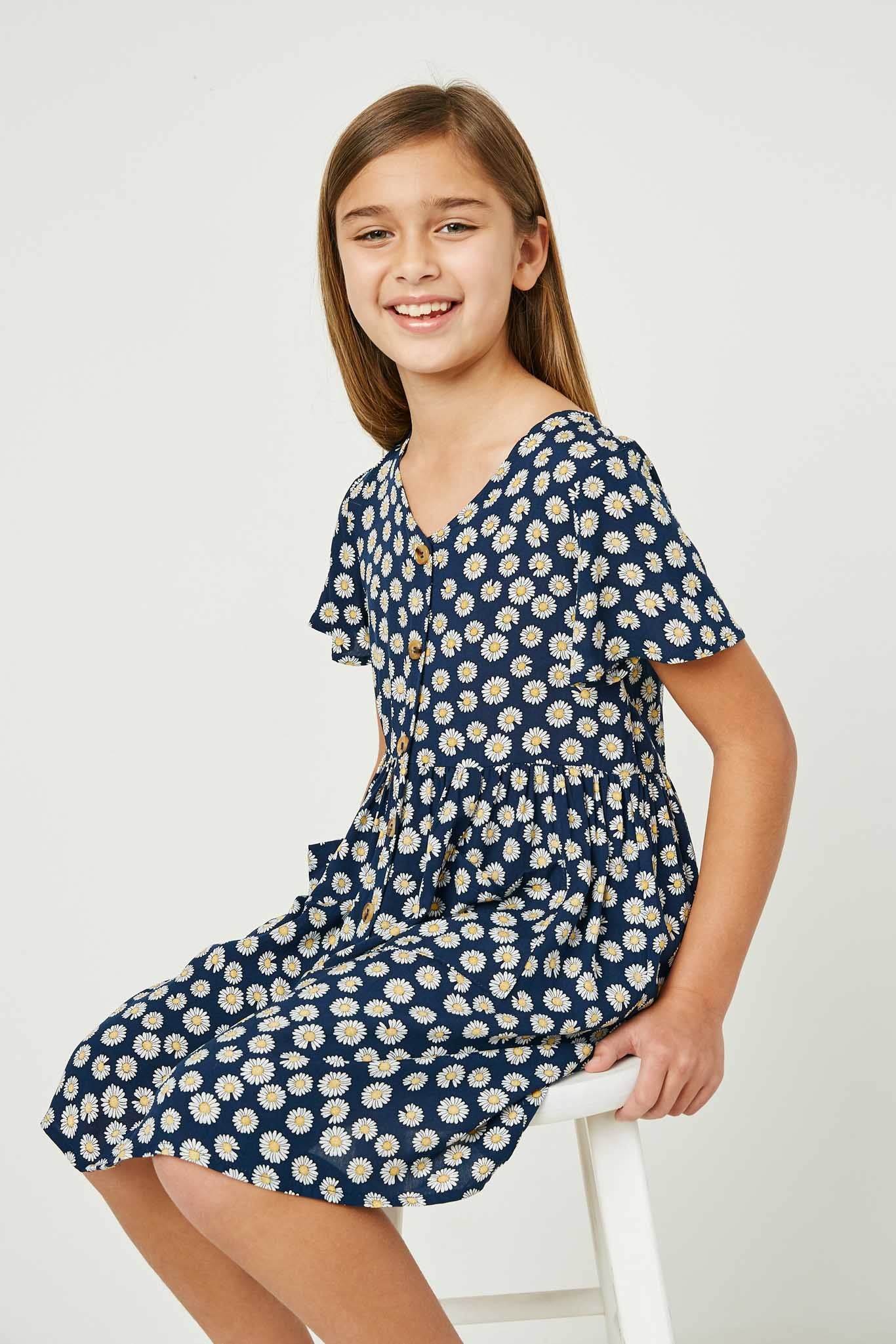 Floral Flutter Sleeve V Neck Dress