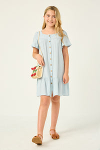 GY2708 BLUE Girls Lace Trimmed Button Down Drop Waist Dress Full Body