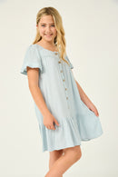 GY2708 BLUE Girls Lace Trimmed Button Down Drop Waist Dress Side