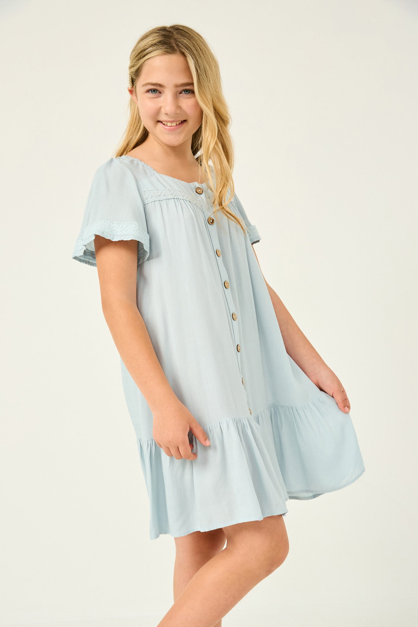 GY2708 BLUE Girls Lace Trimmed Button Down Drop Waist Dress Side