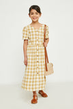 GY2724 Mustard Girls Plaid Button Up Bow Back Dress Full Body