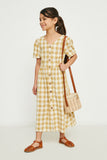 GY2724 Mustard Girls Plaid Button Up Bow Back Dress Front