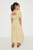 GY2724 Mustard Girls Plaid Button Up Bow Back Dress Back