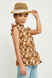 GY2729 Mustard Girls Floral Smocked Neck Sleeveless Top Close Up