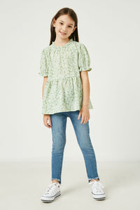 GY2731 SAGE Girls Ditsy Floral Short Sleeve Ruffled Babydoll Top Full Body