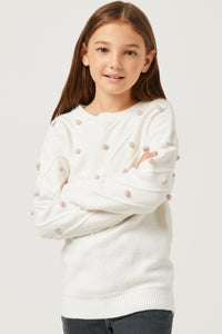 GY2735 MAUVE Girls Long Cuff Chevron Pom Pom Sweater Top Front