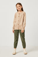 GY2737 TAUPE Girls Swiss Dot Knit Buttoned Cardigan Full Body