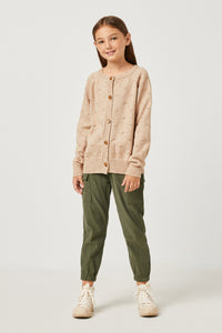 GY2737 TAUPE Girls Swiss Dot Knit Buttoned Cardigan Full Body