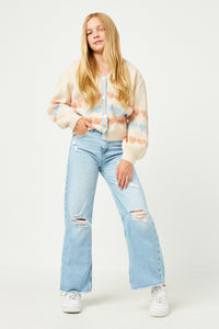 GY2740 CREAM Girls Heart Striped Buttoned Sweater Cardigan Full Body 2