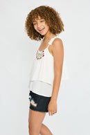 GY2751 Off White Girls Embroidered Tiered Pleated Tank Side