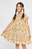GY2754 MUSTARD Girls Ditsy Floral Ruffle Sleeve Dress Front