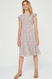 GY2756 BLUSH Girls Ditsy Floral Smocked Bodice Midi Dress Full Body