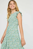 GY2756 OLIVE Girls Ditsy Floral Smocked Bodice Midi Dress Detail