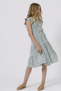 GY2756 OLIVE Girls Ditsy Floral Smocked Bodice Midi Dress Gif