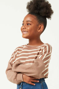 GY2763 MOCHA Girls Contrast Stripe Sleeve Textured Knit Top Side