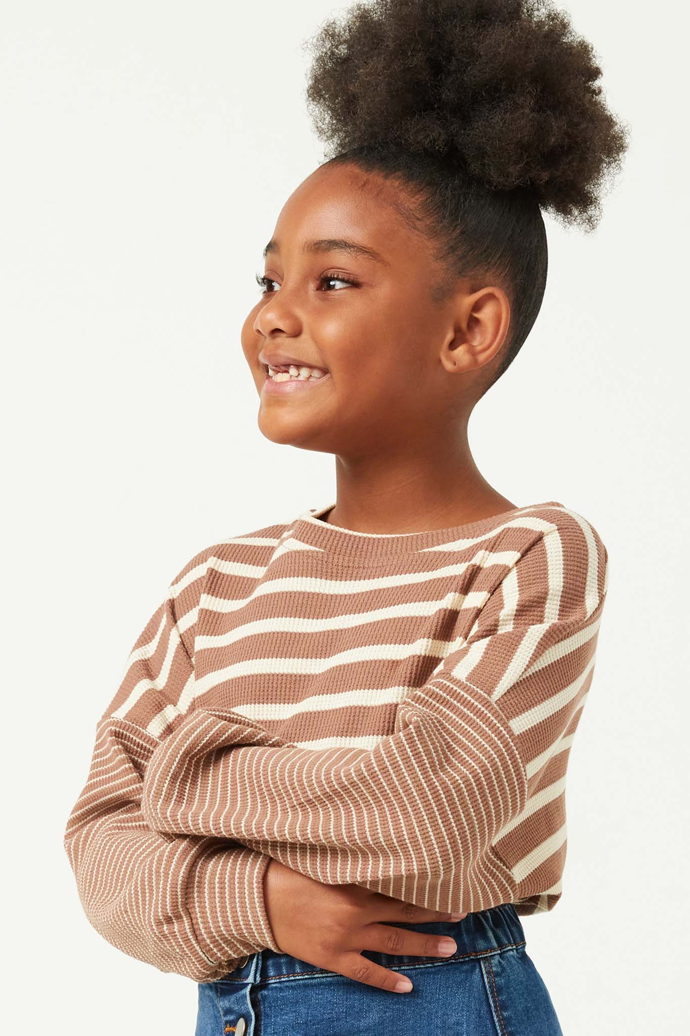 GY2763 MOCHA Girls Contrast Stripe Sleeve Textured Knit Top Side