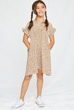 GY2768 TAUPE Girls Dotted V Neck Gathered Tunic Full Body