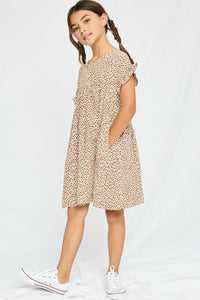 GY2768 TAUPE Girls Dotted V Neck Gathered Tunic Pose