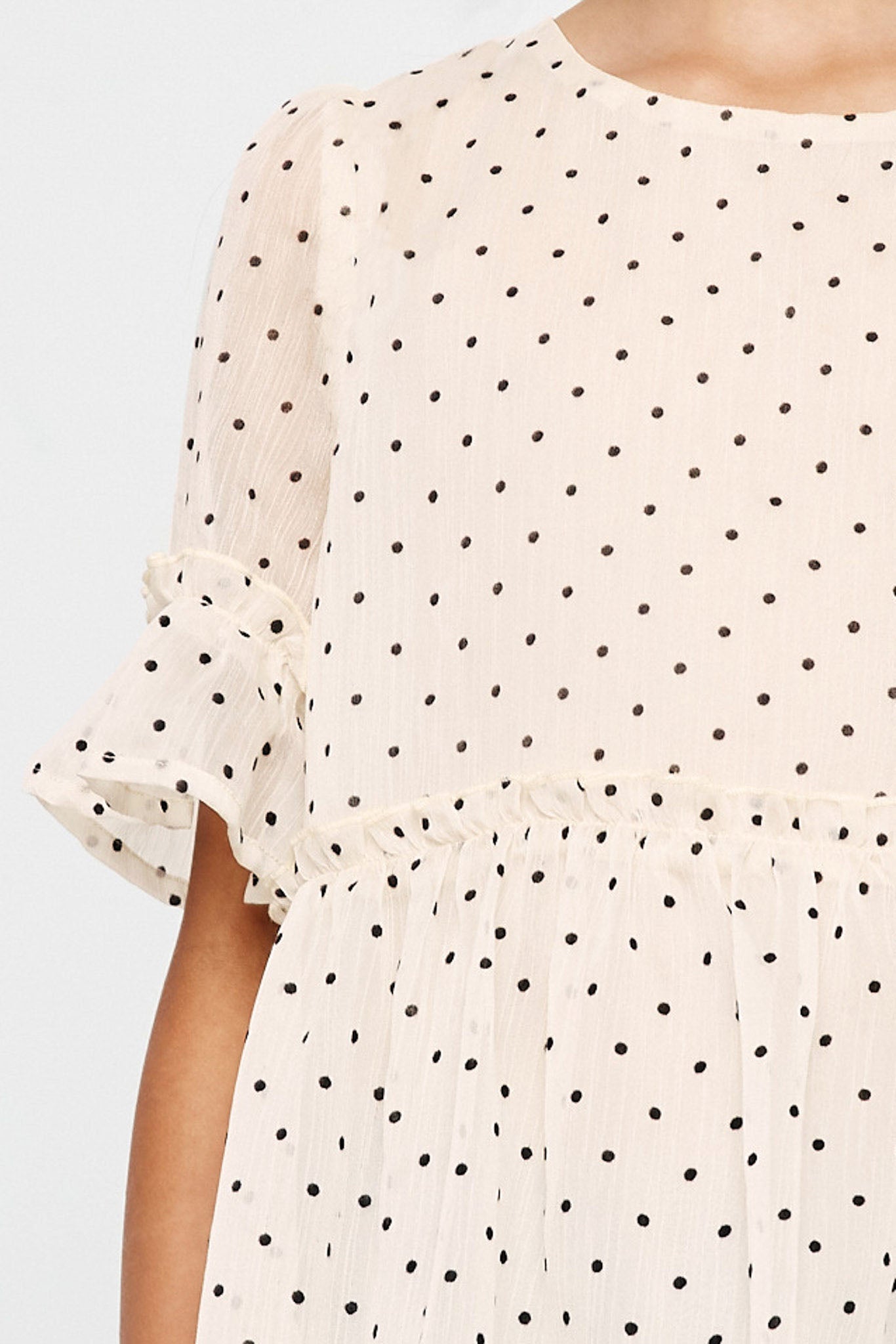 GY2775 Ivory Girls Ruffled Detail Sheer Polka Dot Peplum Top Back