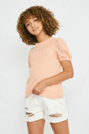 GY2776 BLUSH Girls Swiss Dot Loose Knit Puff Sleeve Top Side