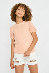 GY2776 BLUSH Girls Swiss Dot Loose Knit Puff Sleeve Top Front
