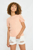 GY2776 BLUSH Girls Swiss Dot Loose Knit Puff Sleeve Top Front