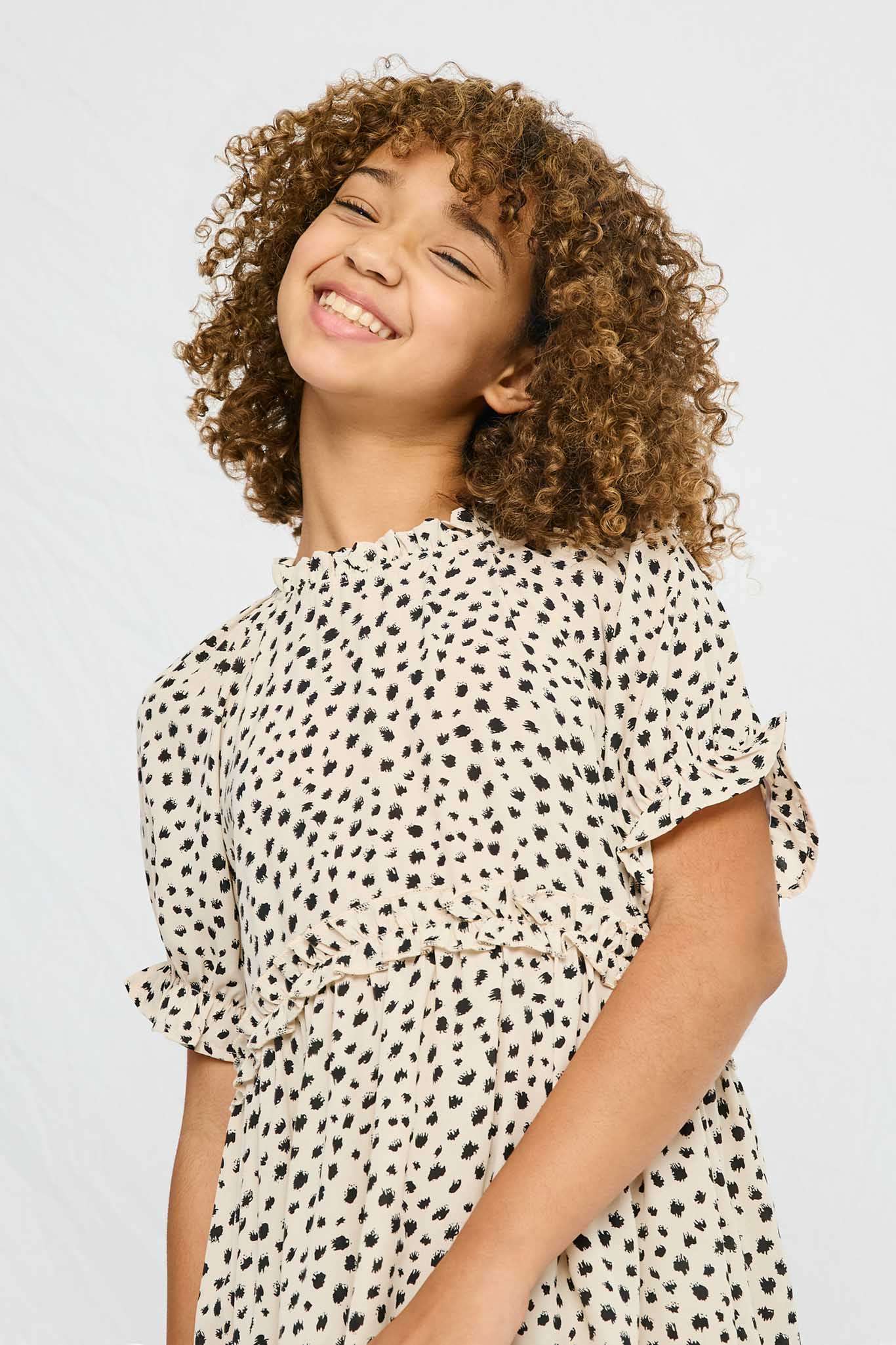 GY2783 IVORY Girls Abstract Dot Ruffle Tiered Dress Detail