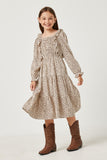 GY2789 TAUPE Girls Abstract Dot Ruffled Front Midi Dress Full Body