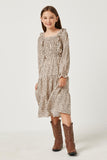 GY2789 TAUPE Girls Abstract Dot Ruffled Front Midi Dress Full Body 2