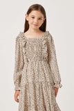 GY2789 TAUPE Girls Abstract Dot Ruffled Front Midi Dress Detail