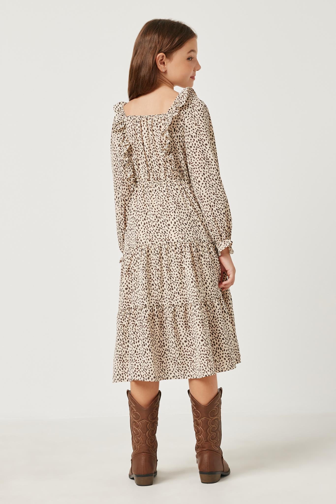 GY2789 TAUPE Girls Abstract Dot Ruffled Front Midi Dress Back