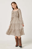 GY2789 TAUPE Girls Abstract Dot Ruffled Front Midi Dress Side