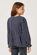GY2794 NAVY Girls Mini Pom Pom Long Sleeve Baby doll Top Back