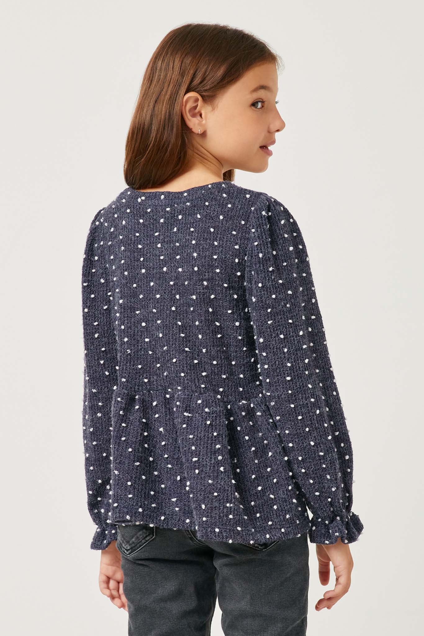 GY2794 NAVY Girls Mini Pom Pom Long Sleeve Baby doll Top Back