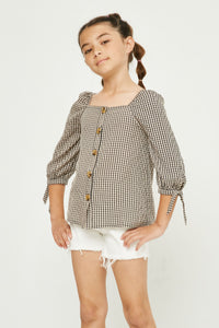 GY2807 BLACK Girls Gingham Tie Sleeve Buttoned Blouse Front