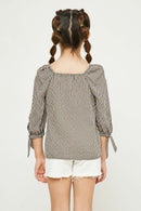 GY2807 BLACK Girls Gingham Tie Sleeve Buttoned Blouse Back