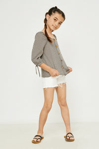 GY2807 BLACK Girls Gingham Tie Sleeve Buttoned Blouse Full Body